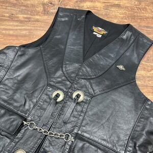VTG Harley Davidson Leather Vest Laces, Fringe, Silver Conchos, Chain USA Large